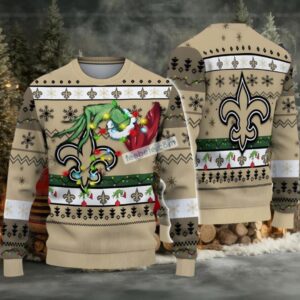 New Orleans Saints Grinch Hand Ugly Xmas Sweater White Yellow Womens