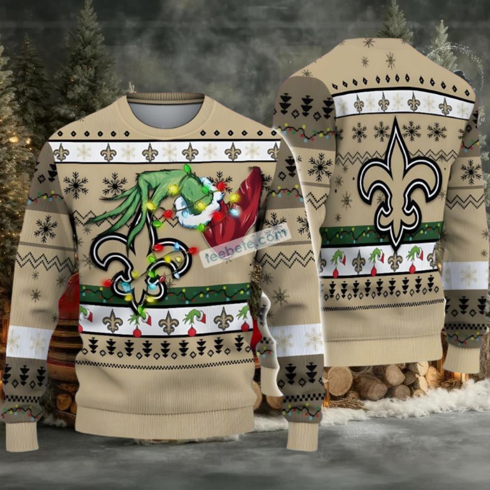 New Orleans Saints Grinch Hand Ugly Xmas Sweater White Yellow Womens New Orleans Saints Grinch Hand Ugly Xmas Sweater White Yellow Womens