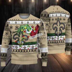 New Orleans Saints Grinch Hand Ugly Xmas Sweater White Yellow Womens