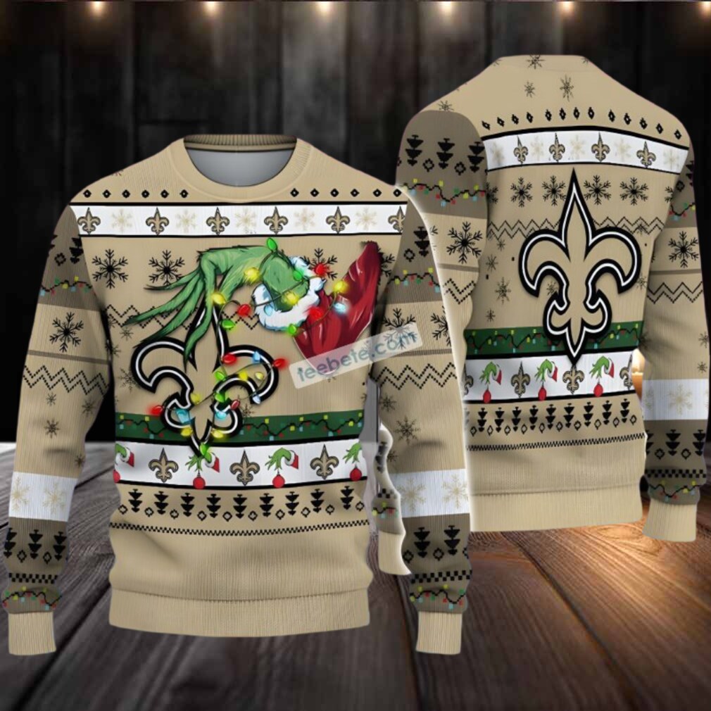 New Orleans Saints Grinch Hand Ugly Xmas Sweater White Yellow Womens New Orleans Saints Grinch Hand Ugly Xmas Sweater White Yellow Womens