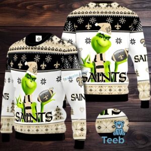 New Orleans Saints Grinch Santa Ugly Sweaters For Couples Black White