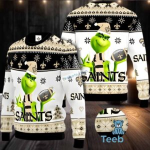 New Orleans Saints Grinch Santa Ugly Sweaters For Couples Black White