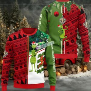 New Orleans Saints Grinch Scooby Doo Ugly Christmas Sweater Green Red Vacation