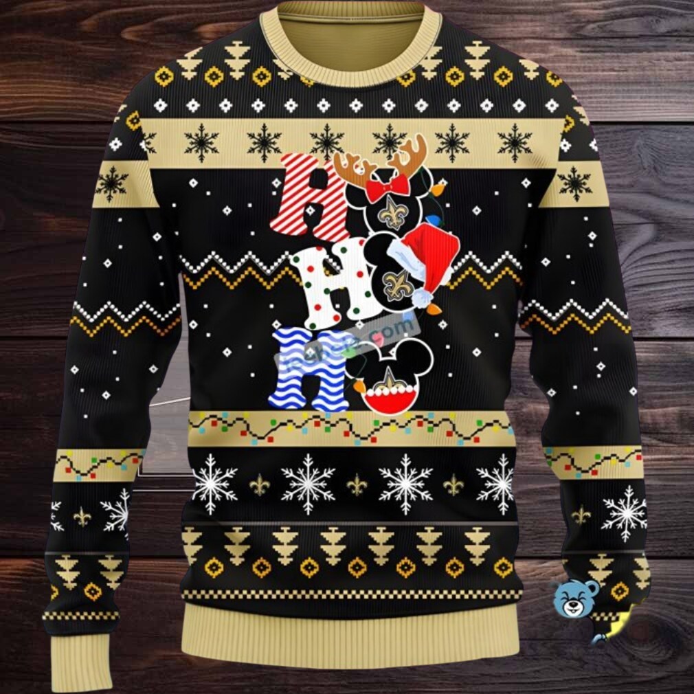 New Orleans Saints Mickey Mouse Hohoho Ugly Christmas Sweaters Black Couples New Orleans Saints Mickey Mouse Hohoho Ugly Christmas Sweaters Black Couples