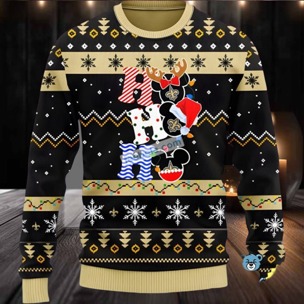New Orleans Saints Mickey Mouse Hohoho Ugly Christmas Sweaters Black Couples New Orleans Saints Mickey Mouse Hohoho Ugly Christmas Sweaters Black Couples