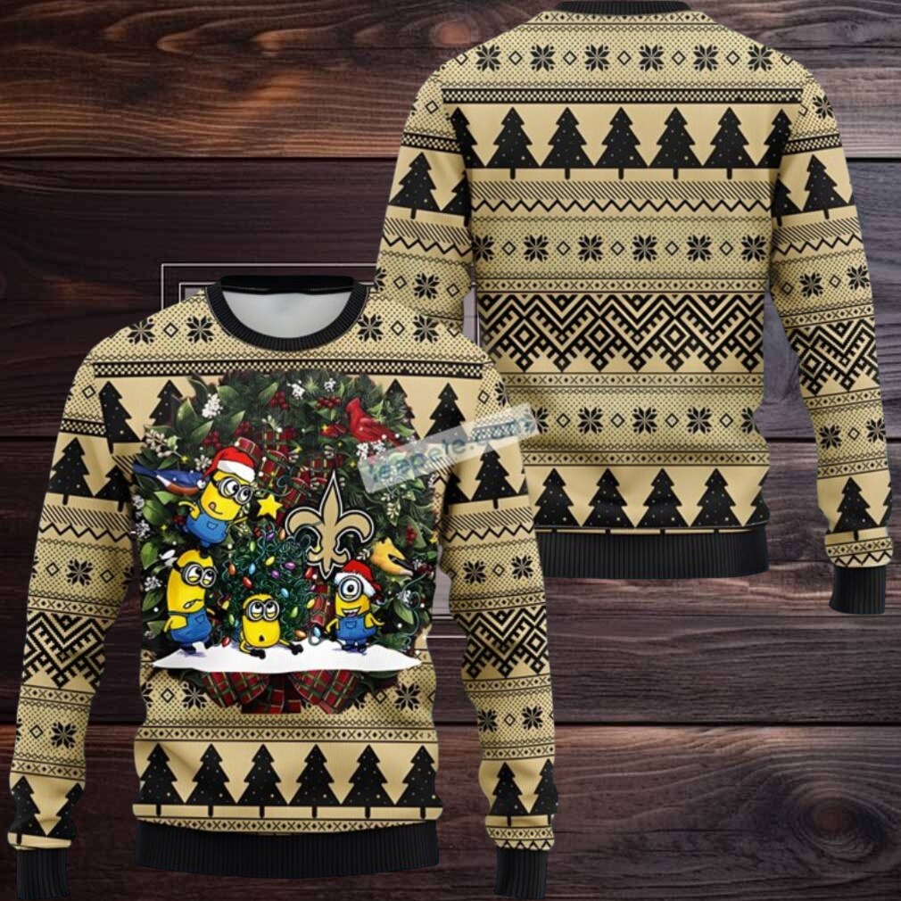 New Orleans Saints Santa Hat Minion Ugly Christmas Sweater Yellow Black Most New Orleans Saints Santa Hat Minion Ugly Christmas Sweater Yellow Black Most