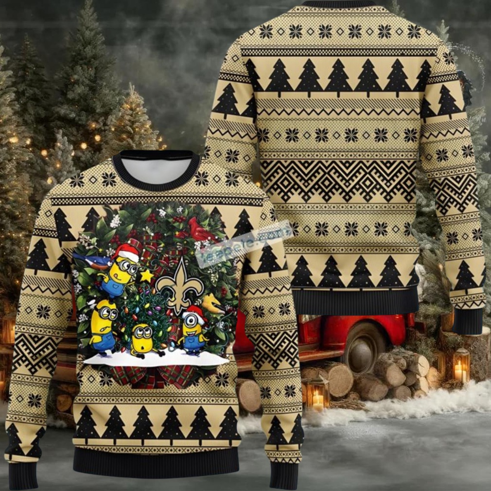 New Orleans Saints Santa Hat Minion Ugly Christmas Sweater Yellow Black Most New Orleans Saints Santa Hat Minion Ugly Christmas Sweater Yellow Black Most