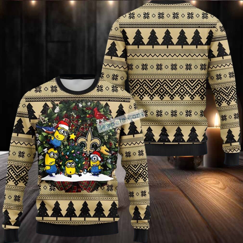 New Orleans Saints Santa Hat Minion Ugly Christmas Sweater Yellow Black Most New Orleans Saints Santa Hat Minion Ugly Christmas Sweater Yellow Black Most