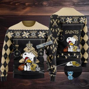 New Orleans Saints Santa Hat Snoopy Woodstock Ugly Christmas Sweater Vacation Black