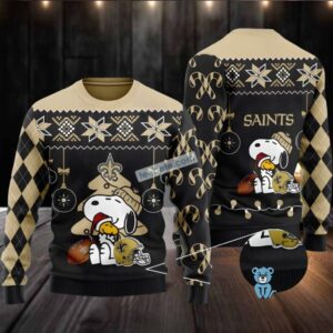 New Orleans Saints Santa Hat Snoopy Woodstock Ugly Christmas Sweater Vacation Black