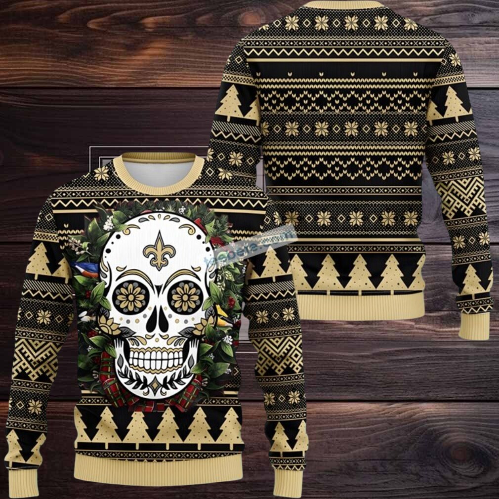 New Orleans Saints Skull Flower Ugly Christmas Sweater Black Yellow Cool New Orleans Saints Skull Flower Ugly Christmas Sweater Black Yellow Cool
