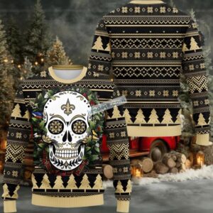 New Orleans Saints Skull Flower Ugly Christmas Sweater Black Yellow Cool