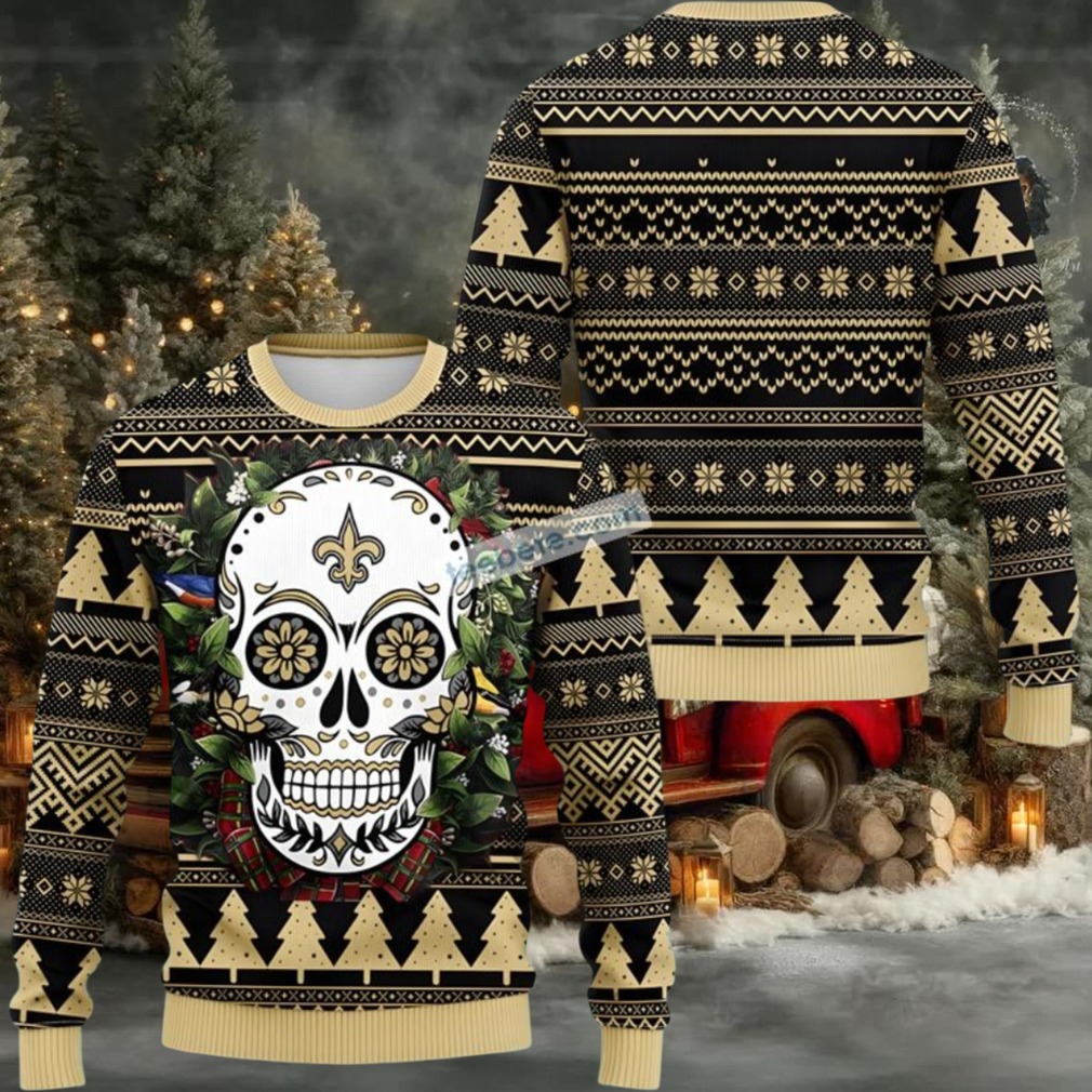 New Orleans Saints Skull Flower Ugly Christmas Sweater Black Yellow Cool New Orleans Saints Skull Flower Ugly Christmas Sweater Black Yellow Cool