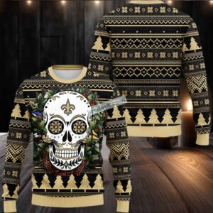 New Orleans Saints Skull Flower Ugly Christmas Sweater Black Yellow Cool