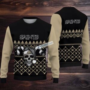 New Orleans Saints Skull Xmas Ugly Sweater Christmas Party Yellow Black