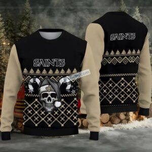 New Orleans Saints Skull Xmas Ugly Sweater Christmas Party Yellow Black
