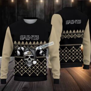 New Orleans Saints Skull Xmas Ugly Sweater Christmas Party Yellow Black
