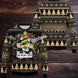 New Orleans Saints Snoopy The Peanut Ugly Christmas Sweater Mens Black Yellow