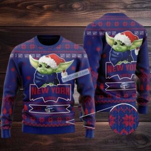 New York Giants Baby Yoda Santa Hat Ugly Christmas Sweaters Blue Best