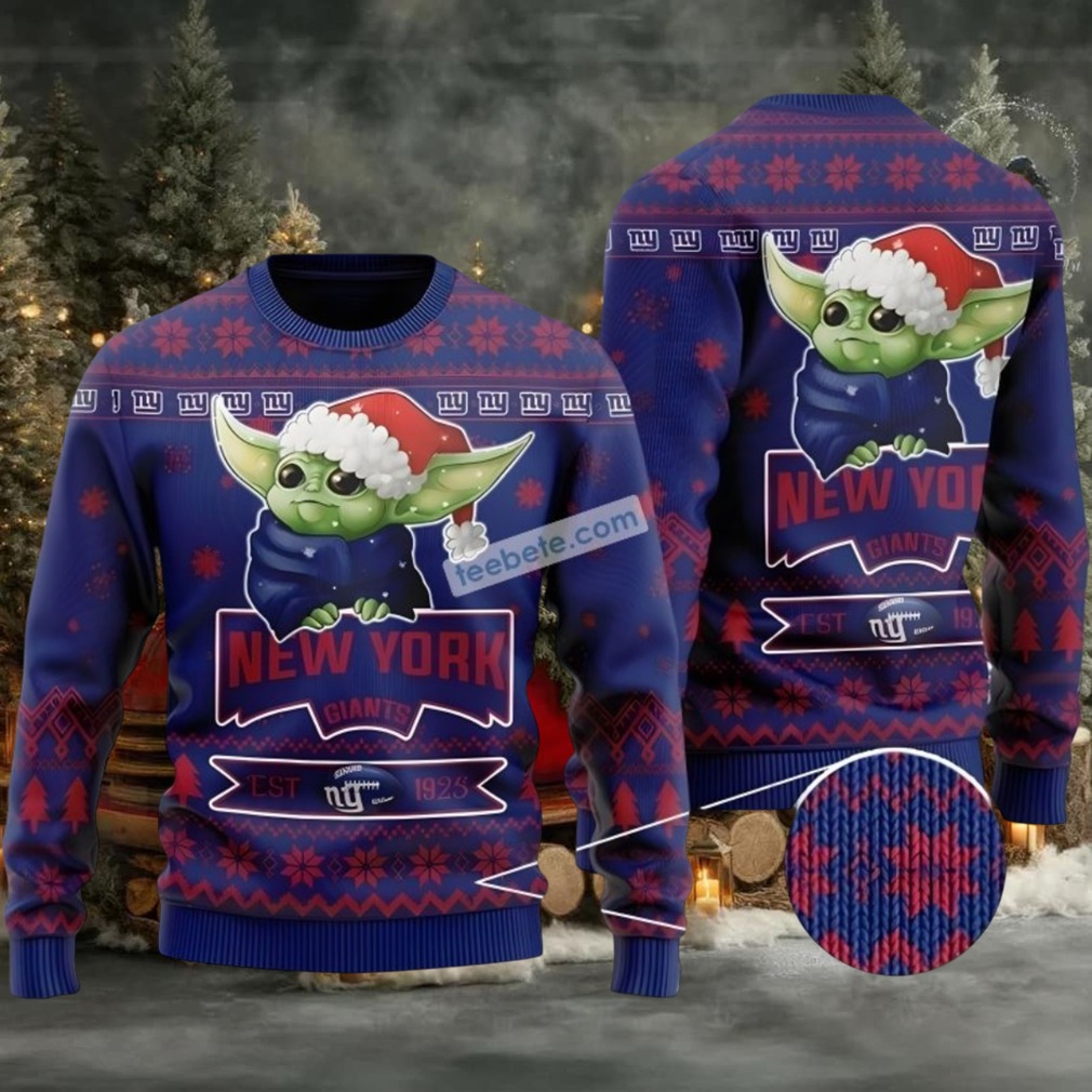 New York Giants Baby Yoda Santa Hat Ugly Christmas Sweaters Blue Best New York Giants Baby Yoda Santa Hat Ugly Christmas Sweaters Blue Best