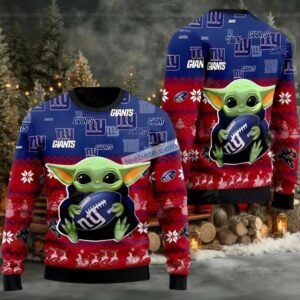 New York Giants Baby Yoda Ugly Christmas Sweatshirt Womens Blue