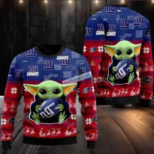 New York Giants Baby Yoda Ugly Christmas Sweatshirt Womens Blue