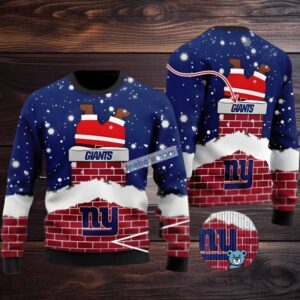 New York Giants Funny Santa Claus From Chimney Ugly Christmas Sweater Blue Cute