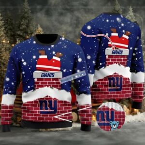 New York Giants Funny Santa Claus From Chimney Ugly Christmas Sweater Blue Cute