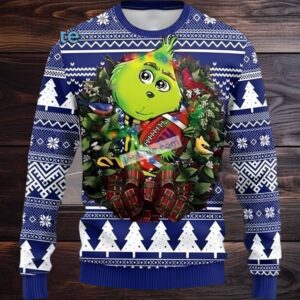 New York Giants Grinch Hug Ugly Christmas Sweater Blue White Big And Tall
