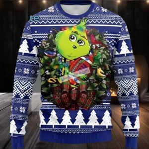 New York Giants Grinch Hug Ugly Christmas Sweater Blue White Big And Tall