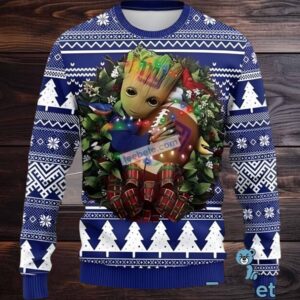 New York Giants Groot Hug Christmas Wreath Ugly Holiday Sweater Blue White