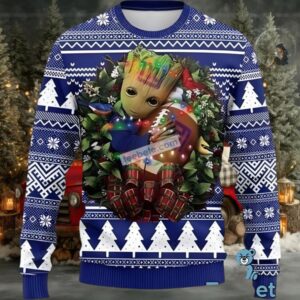 New York Giants Groot Hug Christmas Wreath Ugly Holiday Sweater Blue White