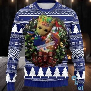 New York Giants Groot Hug Christmas Wreath Ugly Holiday Sweater Blue White