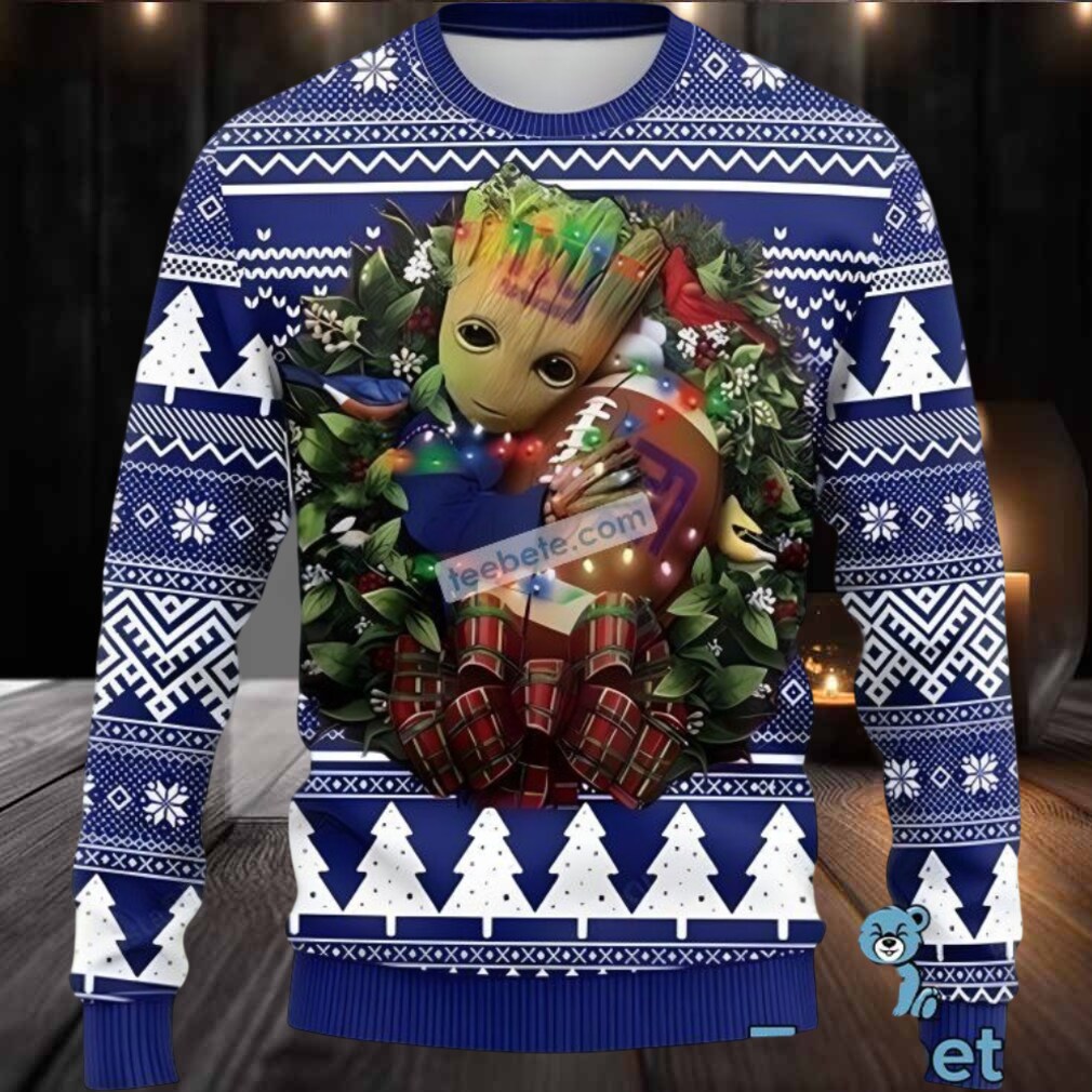 New York Giants Groot Hug Christmas Wreath Ugly Holiday Sweater Blue White New York Giants Groot Hug Christmas Wreath Ugly Holiday Sweater Blue White