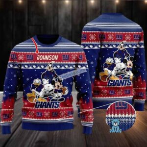 New York Giants Mickey Mouse Goofy Donald Ugly Christmas Sweater Adults Blue