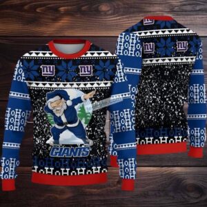 New York Giants Santa Claus Ho Ho Ho Ugly Sweaters For Couples Blue Black