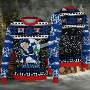 New York Giants Santa Claus Ho Ho Ho Ugly Sweaters For Couples Blue Black