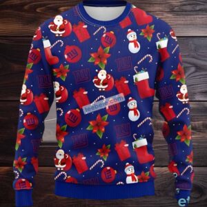 New York Giants Santa Claus Snowman Funny Ugly Christmas Sweater Blue