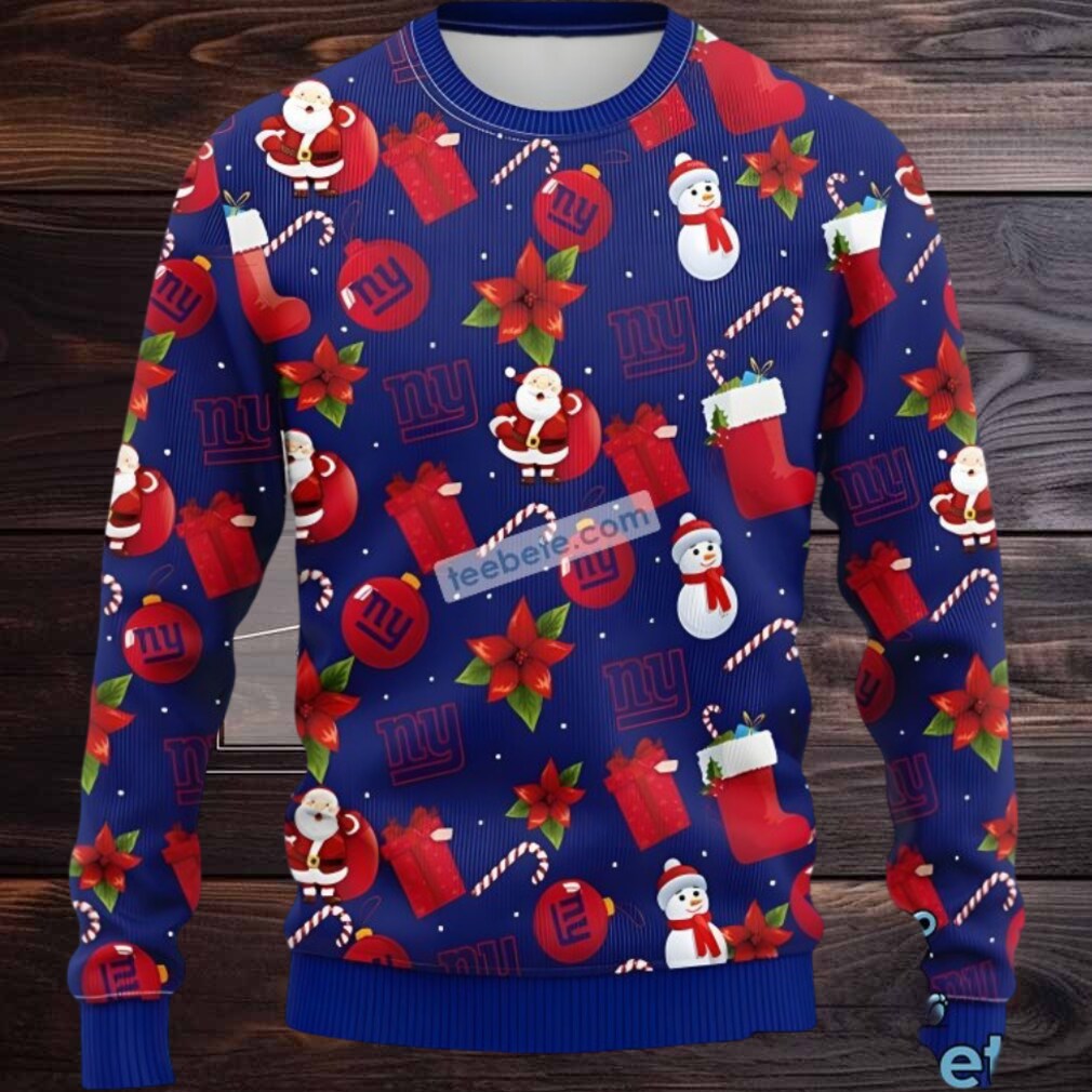 New York Giants Santa Claus Snowman Funny Ugly Christmas Sweater Blue