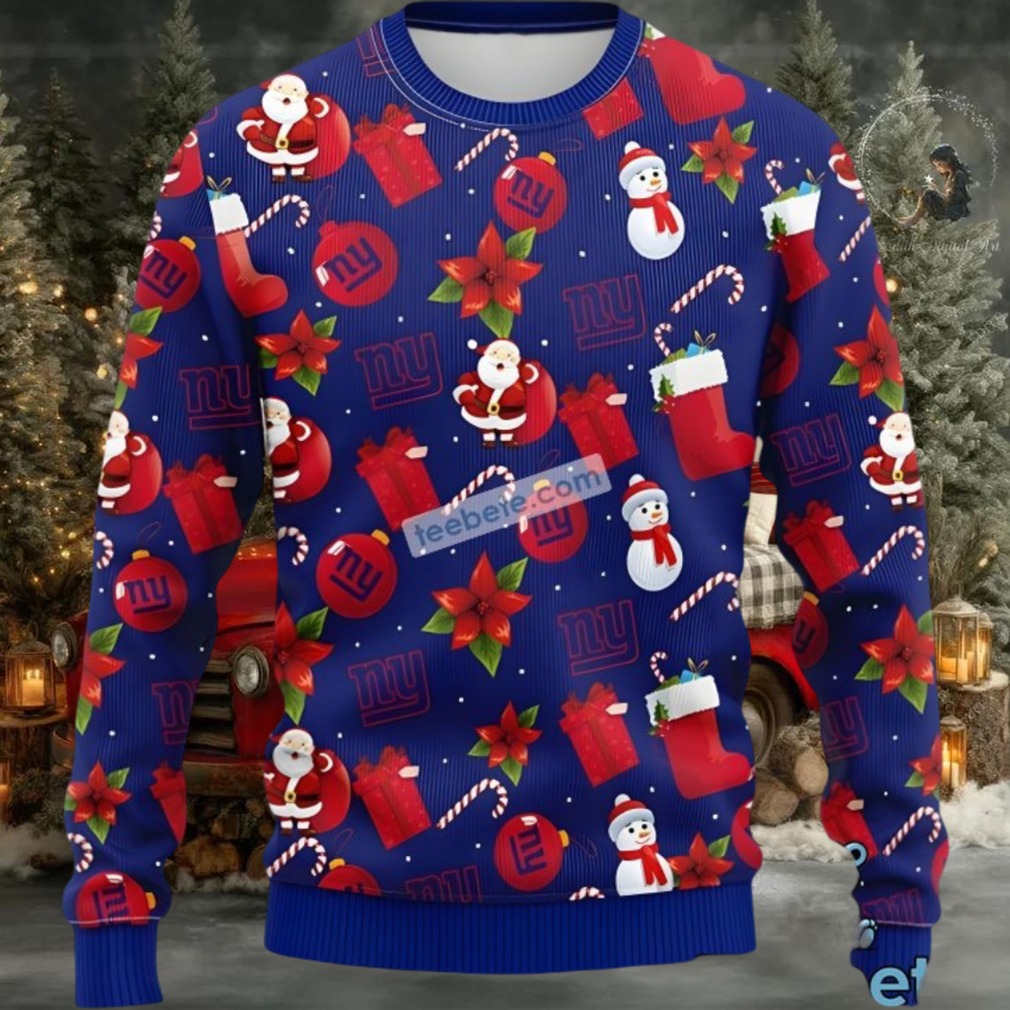 New York Giants Santa Claus Snowman Funny Ugly Christmas Sweater Blue