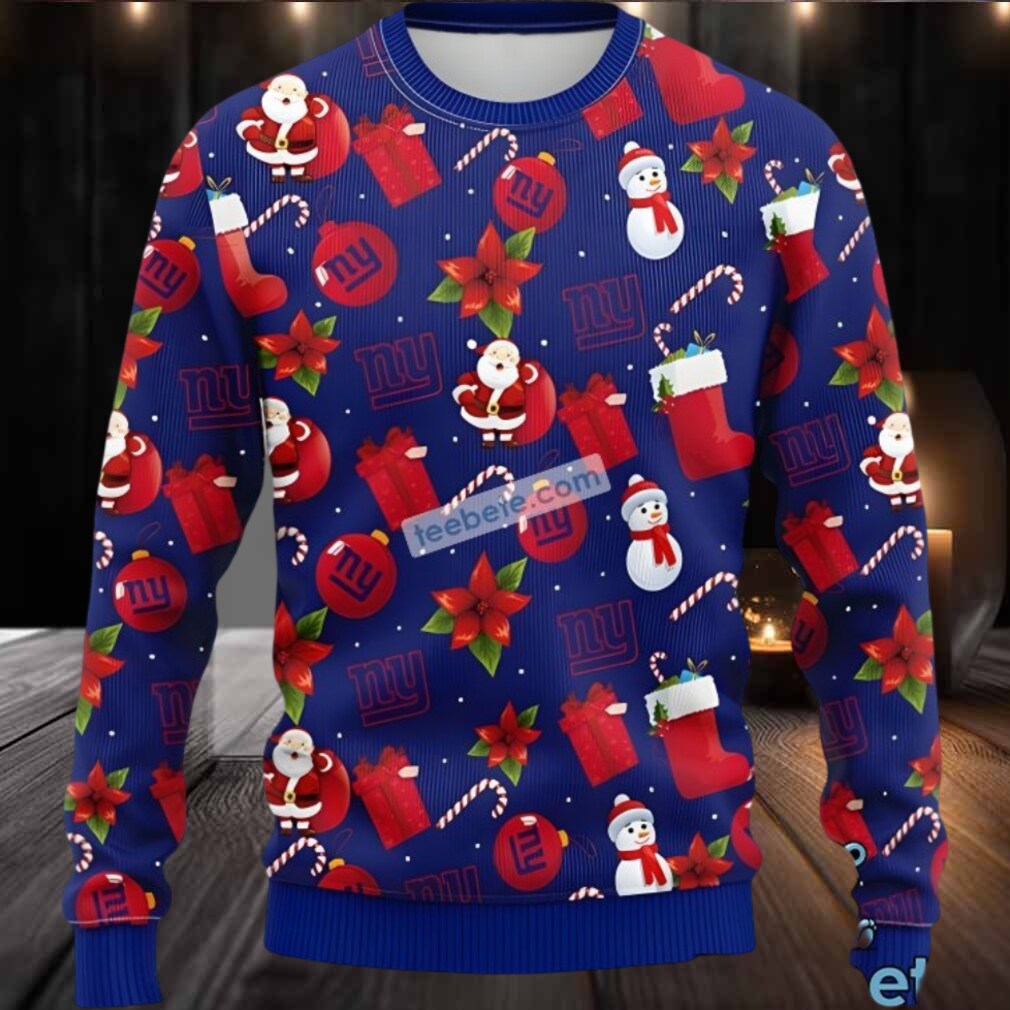 New York Giants Santa Claus Snowman Funny Ugly Christmas Sweater Blue New York Giants Santa Claus Snowman Funny Ugly Christmas Sweater Blue