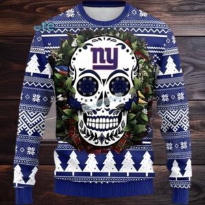 New York Giants Skull Flower Best Ugly Christmas Sweaters Blue White