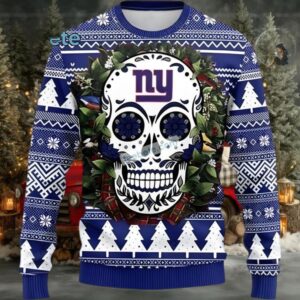 New York Giants Skull Flower Best Ugly Christmas Sweaters Blue White