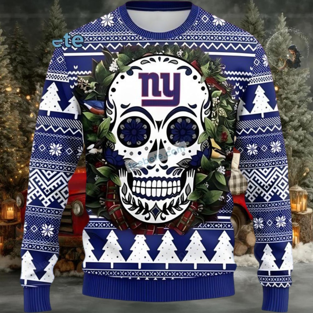 New York Giants Skull Flower Best Ugly Christmas Sweaters Blue White New York Giants Skull Flower Best Ugly Christmas Sweaters Blue White