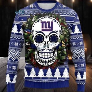 New York Giants Skull Flower Best Ugly Christmas Sweaters Blue White