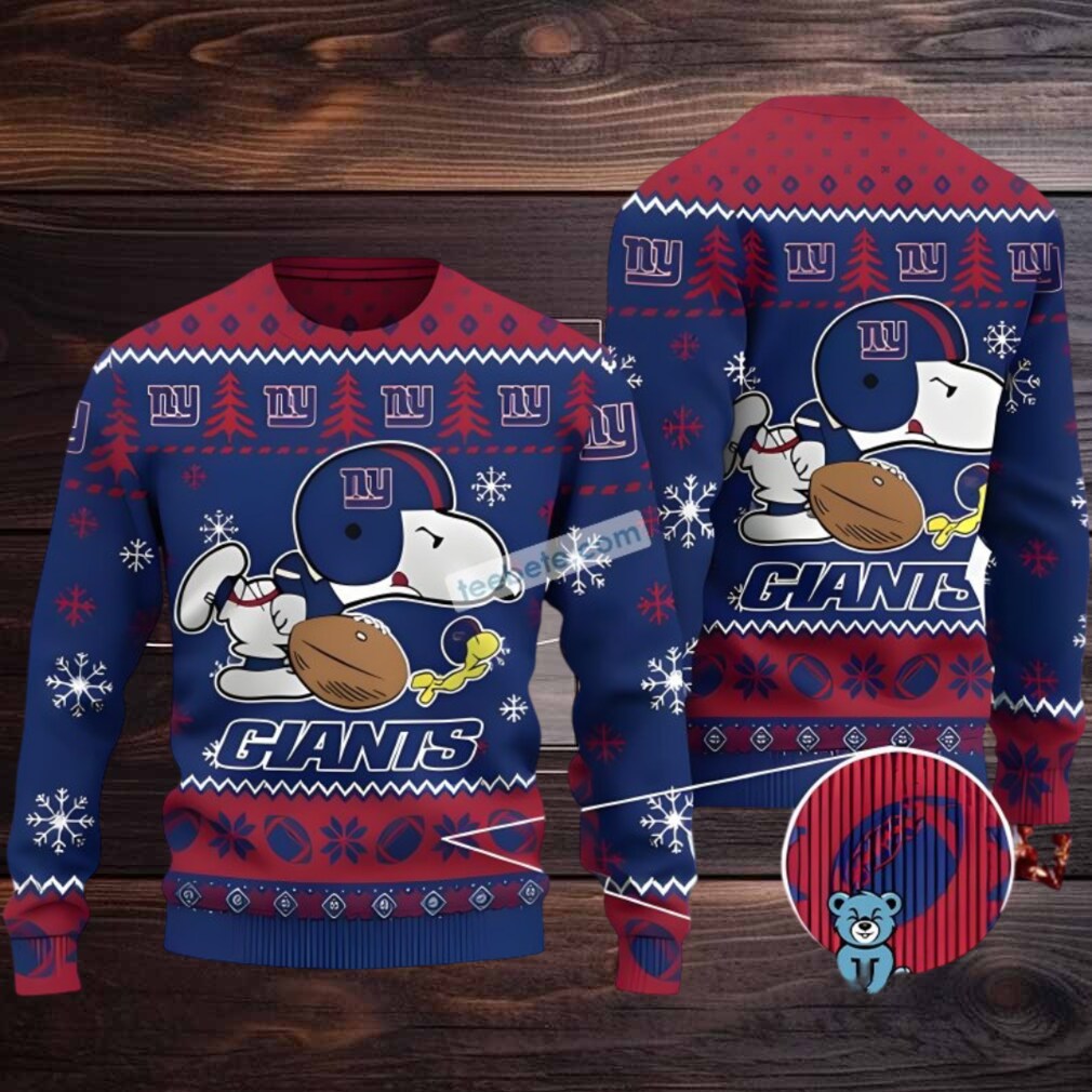 New York Giants Snoopy And Woodstock Ugly Christmas Sweater Ladies Blue New York Giants Snoopy And Woodstock Ugly Christmas Sweater Ladies Blue