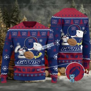 New York Giants Snoopy And Woodstock Ugly Christmas Sweater Ladies Blue