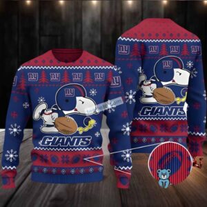 New York Giants Snoopy And Woodstock Ugly Christmas Sweater Ladies Blue