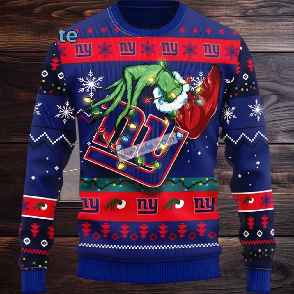 New York Giants The Grinch Hand Ugly Christmas Sweater Womens Blue Red New York Giants The Grinch Hand Ugly Christmas Sweater Womens Blue Red