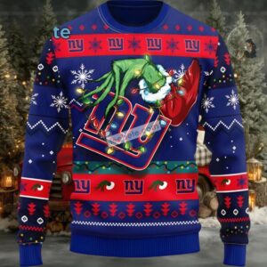 New York Giants The Grinch Hand Ugly Christmas Sweater Womens Blue Red